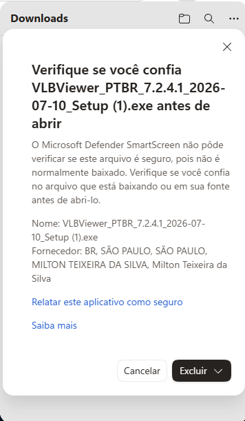 Aviso do Microsoft Edge mostrando fornecedor Milton Teixeira da Silva
